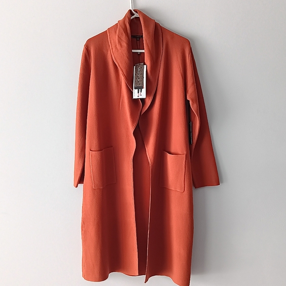 New Max Sport Cardigan Duster Open Front Pockets Burnt Orange Medium